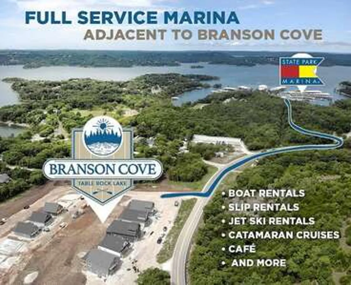 A vibrant exterior shot capturing the Branson Cove logo, views of Table Rock Lake, the marina facilities, and lush surrounding greenery. The image suggests opportunities for boating, water sports, and lakeside relaxation.