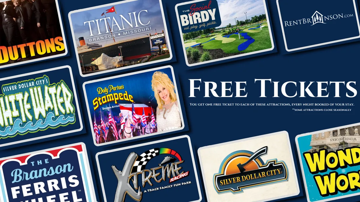 This image features a collection of attraction tickets adorned with colorful graphics and recognizable branding logos, evoking the excitement of visiting local entertainment hotspots like Silver Dollar City and Dolly Parton's Stampede.